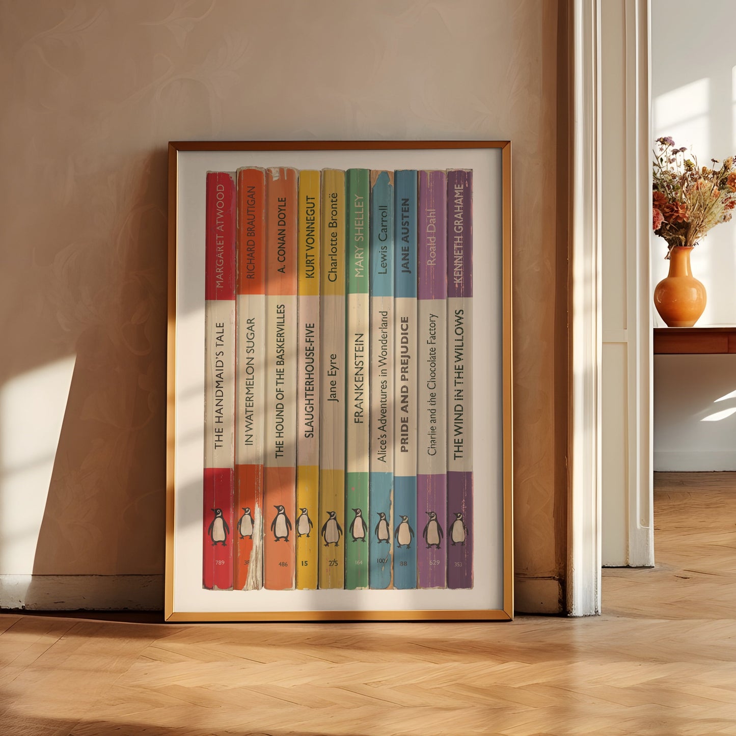 Personalised Rainbow Penguin Book Spine Print