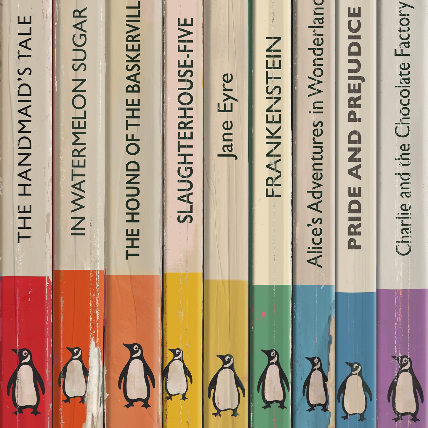 Personalised Rainbow Penguin Book Spine Print